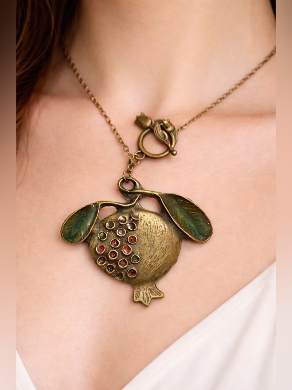 Vintage Pomegranate Pendant Necklace, One-of-a-Kind Boho Statement Necklace - Picture 6 of 9